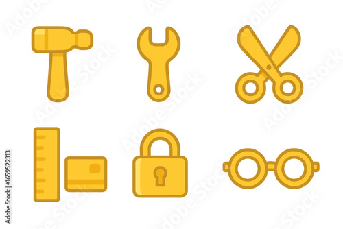 Golden Tool Icons. Flat vector mini-illustrations golden tools and gadgets in colors children's illustrations: golden hammer,