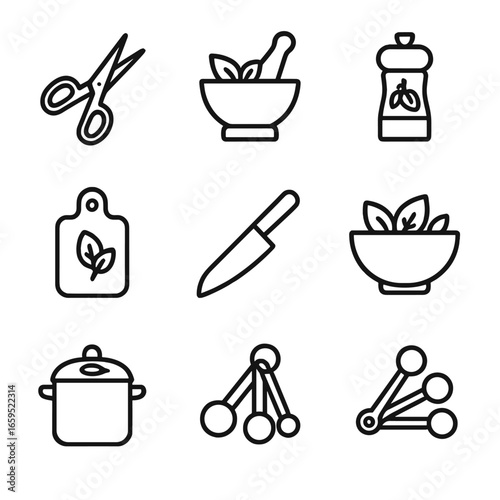 Basil Kitchen Tools Icons. Outline icon set of basil kitchen tools: herb scissors, mortar and pestle, spice grinder, herb storage