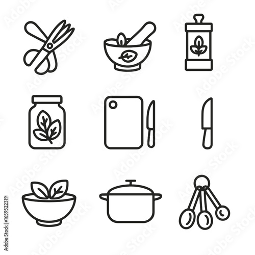 Basil Kitchen Tools Icons. Outline icon set of basil kitchen tools: herb scissors, mortar and pestle, spice grinder, herb storage