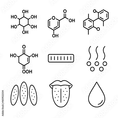 Grape Flavor Chemistry Icons. Outline icon set of grape flavor chemistry: sugar molecule, anthocyanin, flavor compounds, citric