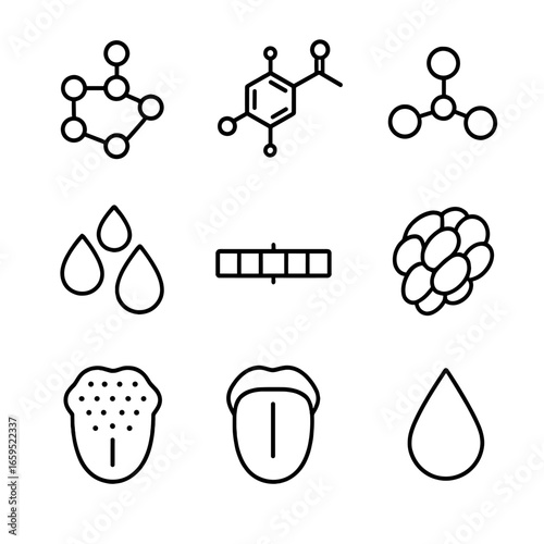 Grape Flavor Chemistry Icons. Outline icon set of grape flavor chemistry: sugar molecule, anthocyanin, flavor compounds, citric