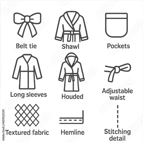 Bathrobe Icon Set. Outline icon set of bathrobe features: belt tie, shawl collar, pockets, long sleeves, hood, adjustable waist,