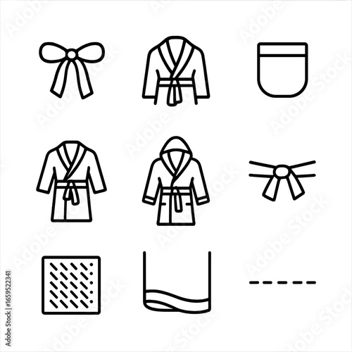 Bathrobe Icon Set. Outline icon set of bathrobe features: belt tie, shawl collar, pockets, long sleeves, hood, adjustable waist,