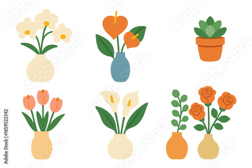 Floral Icon Grid. Flat vector mini-illustrations modern floral centerpieces in colors children's illustrations