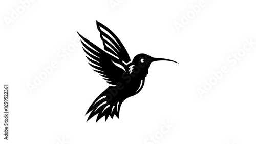 Hummingbird silhouette in flight with spread wings and pointed beak – Delicate motion, Stylized grace, Symbolic joy, hummingbird, bird, nature, abstract