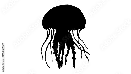 Jellyfish silhouette with dome-shaped bell and flowing tentacles – Ocean mystery, Stylized motion, Symbolic fluidity, jellyfish, marine, abstract, silhouette