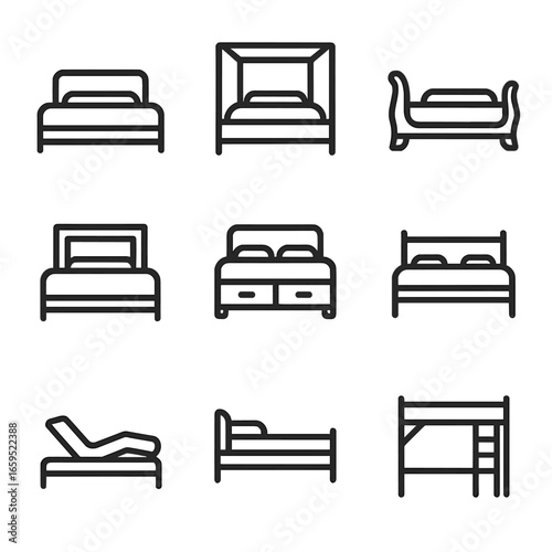 Bed Frame Icons. Outline icon set of bed frame types: platform bed, canopy bed, sleigh bed, panel bed, storage bed, metal bed