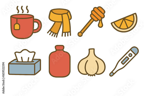 Flu Care Icons. Flat vector mini-illustrations traditional flu care in colors children's illustrations: hot