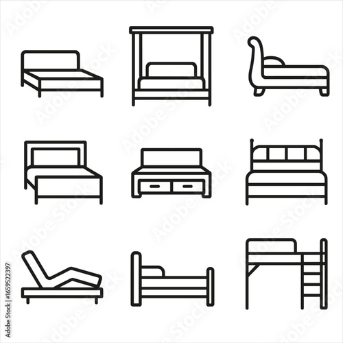 Bed Frame Icons. Outline icon set of bed frame types: platform bed, canopy bed, sleigh bed, panel bed, storage bed, metal bed