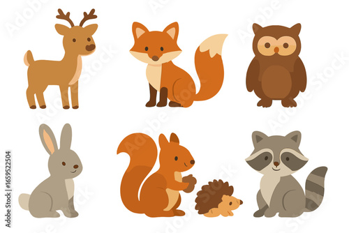 Forest Animals Icons. Flat vector mini-illustrations animals in the forest habitat in colors children's