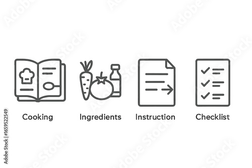 Icons of cooking book, ingredients, instructions, and checklist