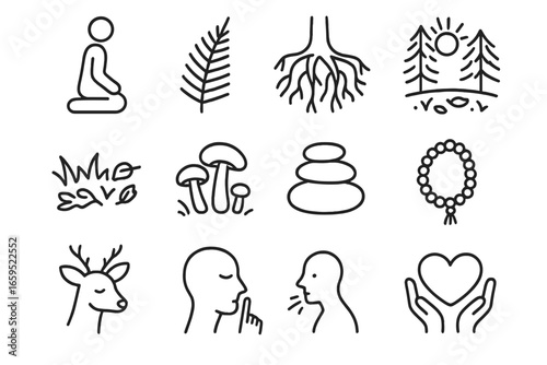 Forest Mindfulness Icons. Outline icon set of forest mindfulness moments: kneeling pose, fern leaf, tree roots