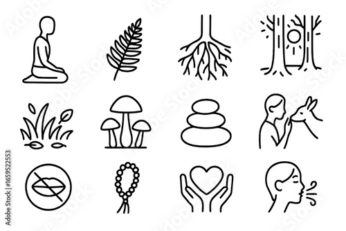 Forest Mindfulness Icons. Outline icon set of forest mindfulness moments: kneeling pose, fern leaf, tree roots