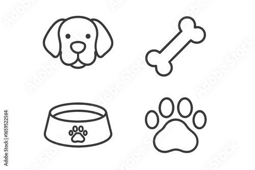 Dog icons: bone, paw print, bowl, and dog head outline