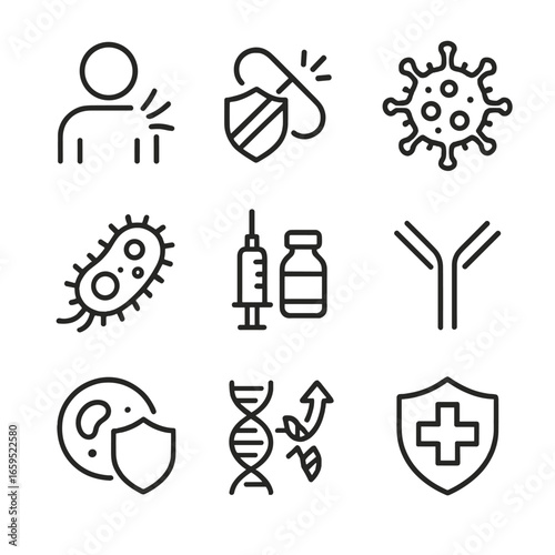 Biological Resistance Icons. Outline icon set of biological resistance: immune response, antibiotic resistance, virus, bacteria,