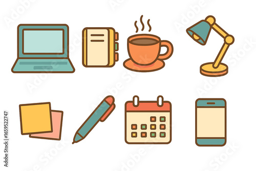 Freelance Work Icons. Flat vector mini-illustrations Freelance work environment in colors children's