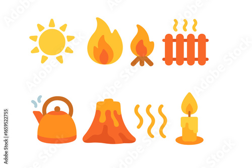 Heat Icons Collection. Flat vector mini-illustrations heat in colors children's illustrations: sun, flame, campfire, radiator,