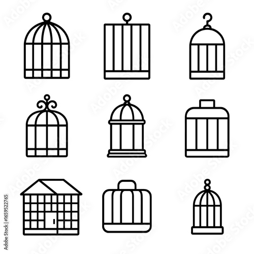 Birdcage Icons Collection. Outline icon set of birdcage types: classic round cage, rectangular cage, hanging birdcage, decorative