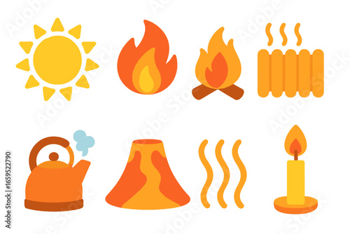 Heat Icons Collection. Flat vector mini-illustrations heat in colors children's illustrations: sun, flame, campfire, radiator,