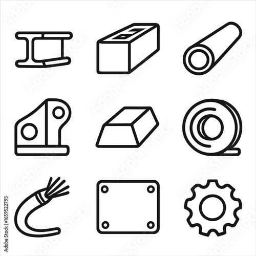 Heavy Industry Icons. Outline icon set of heavy industrial materials: steel beam, concrete block, metal pipe, heavy machinery part