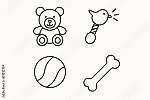 Outline of teddy bear bird rattle ball and bone on white background