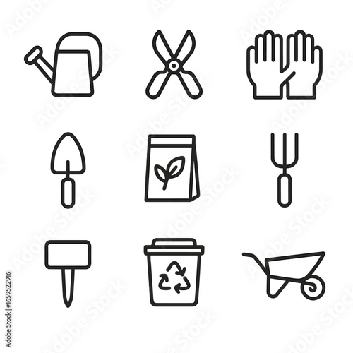 Herbal Garden Tool Icons. Outline icon set of herbal garden tools: watering can, pruning shears, gardening gloves, trowel, seed