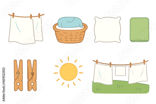 Fresh Laundry Sunshine. Flat vector mini-illustrations fresh air laundry drying in colors children's