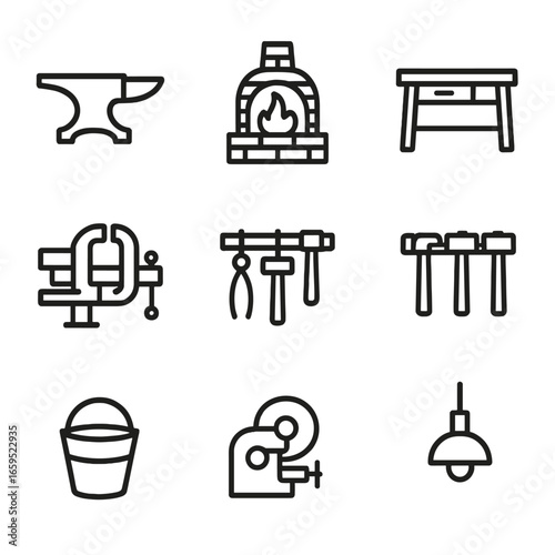 Blacksmith Workshop Icons. Outline icon set of blacksmith workshop: anvil, forge, workbench, vise, tool rack, hammer rack, bucket,