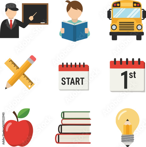 Collection of school-themed vector icons, including a teacher, student reading, school bus, pencil and ruler, calendars, apple, books, and lightbulb pencil.