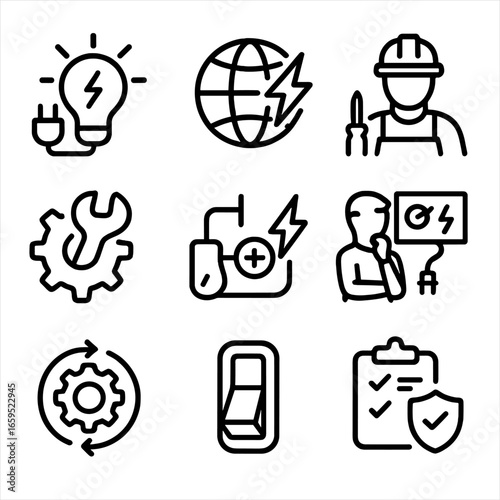 Blackout Recovery Icons. Outline icon set of blackout recovery: power restoration, grid reconnection, technician at work,