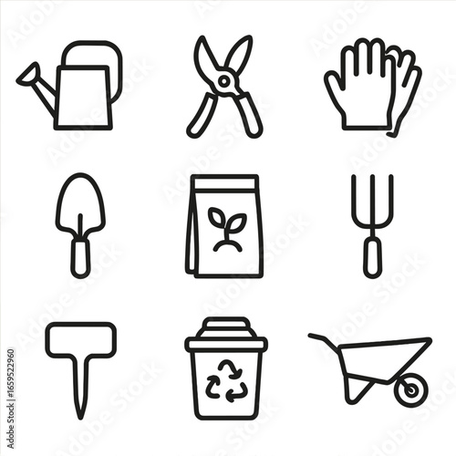 Herbal Garden Tool Icons. Outline icon set of herbal garden tools: watering can, pruning shears, gardening gloves, trowel, seed