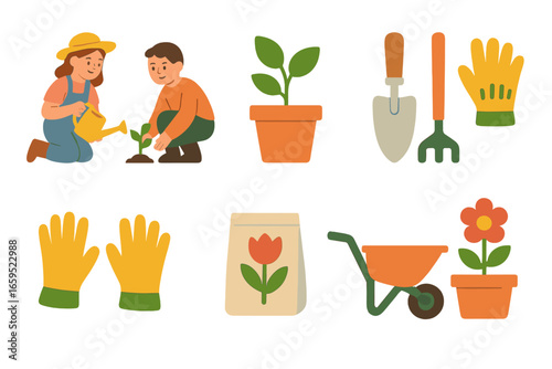 Friends Gardening Adventure. Flat vector mini-illustrations two friends gardening in colors children's