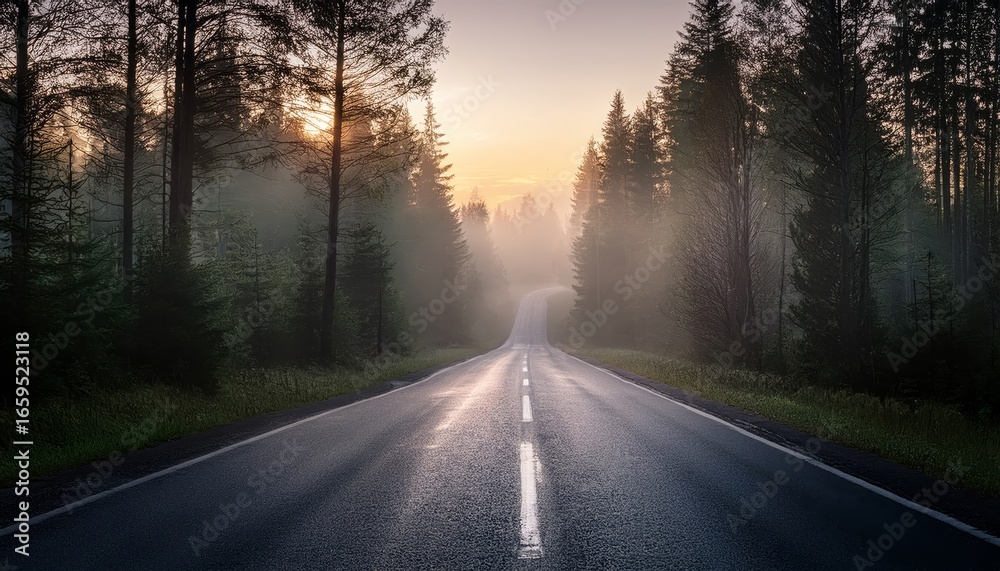 Naklejka premium A lonely road through a misty forest at dawn