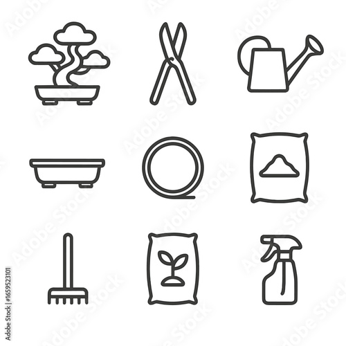Bonsai Tools Icons. Outline icon set of bonsai tools and elements: bonsai tree, pruning shears, watering can, bonsai pot, wire,