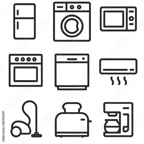 Home Appliance Icons. Outline icon set of home appliances: refrigerator, washing machine, microwave, oven, dishwasher, air
