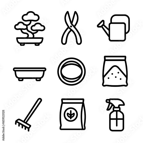 Bonsai Tools Icons. Outline icon set of bonsai tools and elements: bonsai tree, pruning shears, watering can, bonsai pot, wire,