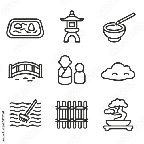 Bonsai Icon Set. Outline icon set of bonsai aesthetics: zen garden, stone lantern, water basin, small bridge, miniature figurines,