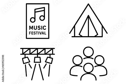 Music festival icons: music note, tent, stage lighting, and group of people