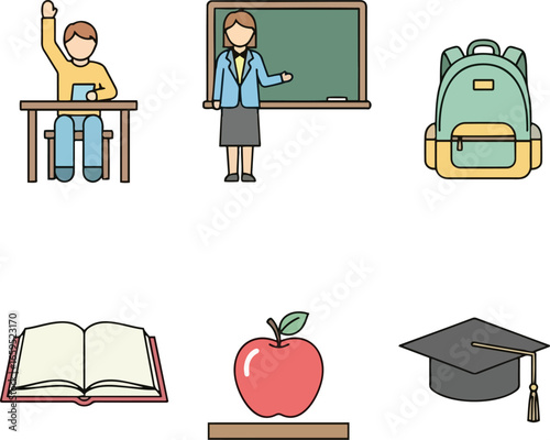 Illustration depicting education with a student raising hand, teacher, chalkboard, backpack, open book, apple, and graduation cap.