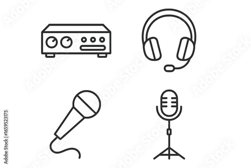 Iconic audio equipment line art: microphone, headphones, amplifier, headset
