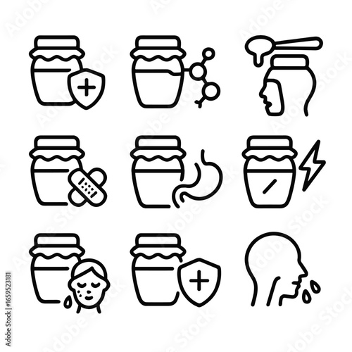 Honey Benefits Icons. Outline icon set of honey health benefits: antibacterial, antioxidant, cough relief, wound healing,