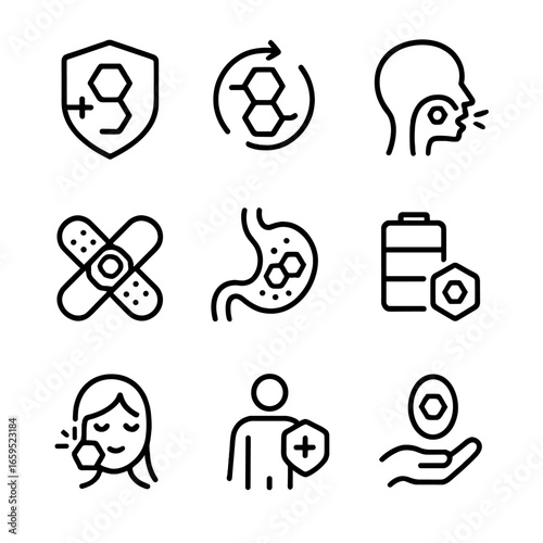 Honey Benefits Icons. Outline icon set of honey health benefits: antibacterial, antioxidant, cough relief, wound healing,