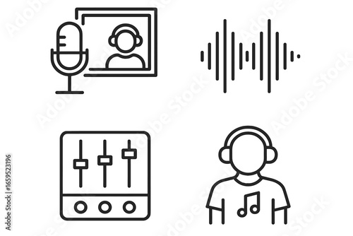 Podcasting and audio editing illustration with microphone, soundwave, control panel, and headphones
