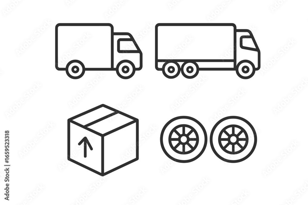 Simple line art of trucks, box, and wheels