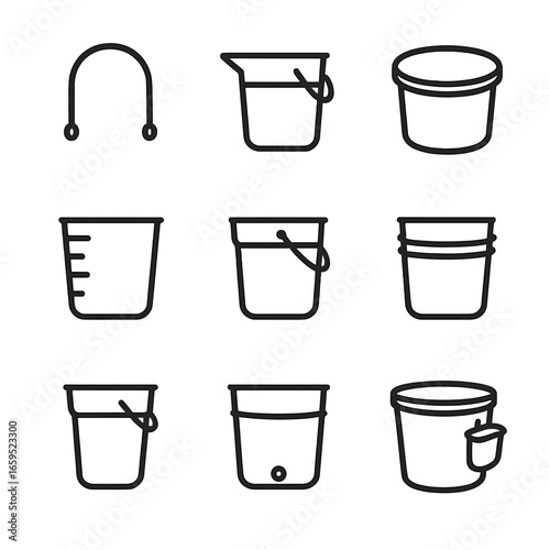 Bucket Feature Icons. Outline icon set of bucket features: handle, spout, lid, measurement markings, grip, reinforcement rings,