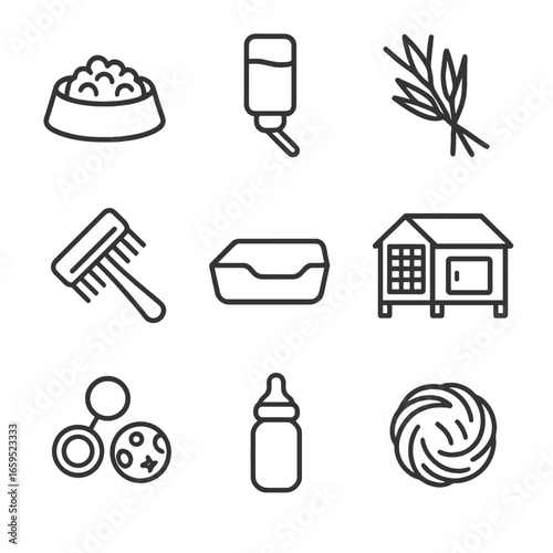 Bunny Care Icon Set. Outline icon set of bunny care items: food bowl, water bottle, hay, grooming brush, litter box, hutch, toys,