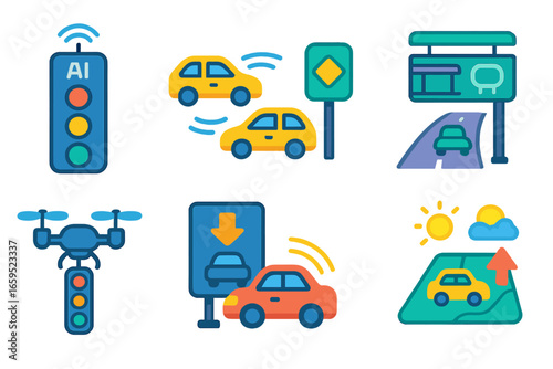 Futuristic Traffic Icons. Flat vector mini-illustrations futuristic traffic systems in colors children's