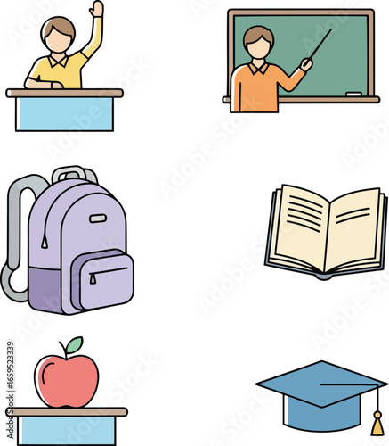 Collection of education-themed icons: student raising hand, teacher at blackboard, backpack, open book, apple on desk, and graduation cap.