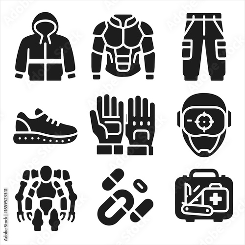 Futuristic Urban Wear Icons. Solid, filled icons set of space urban wear styles: reflective hoodie, armored