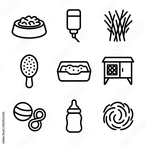 Bunny Care Icon Set. Outline icon set of bunny care items: food bowl, water bottle, hay, grooming brush, litter box, hutch, toys,